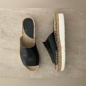 Black leather espadrille platform slides